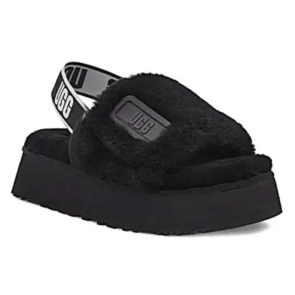 UGG Disco Slide Fur Platform Sandals Black Sheepskin  LIKE NEW Size 8